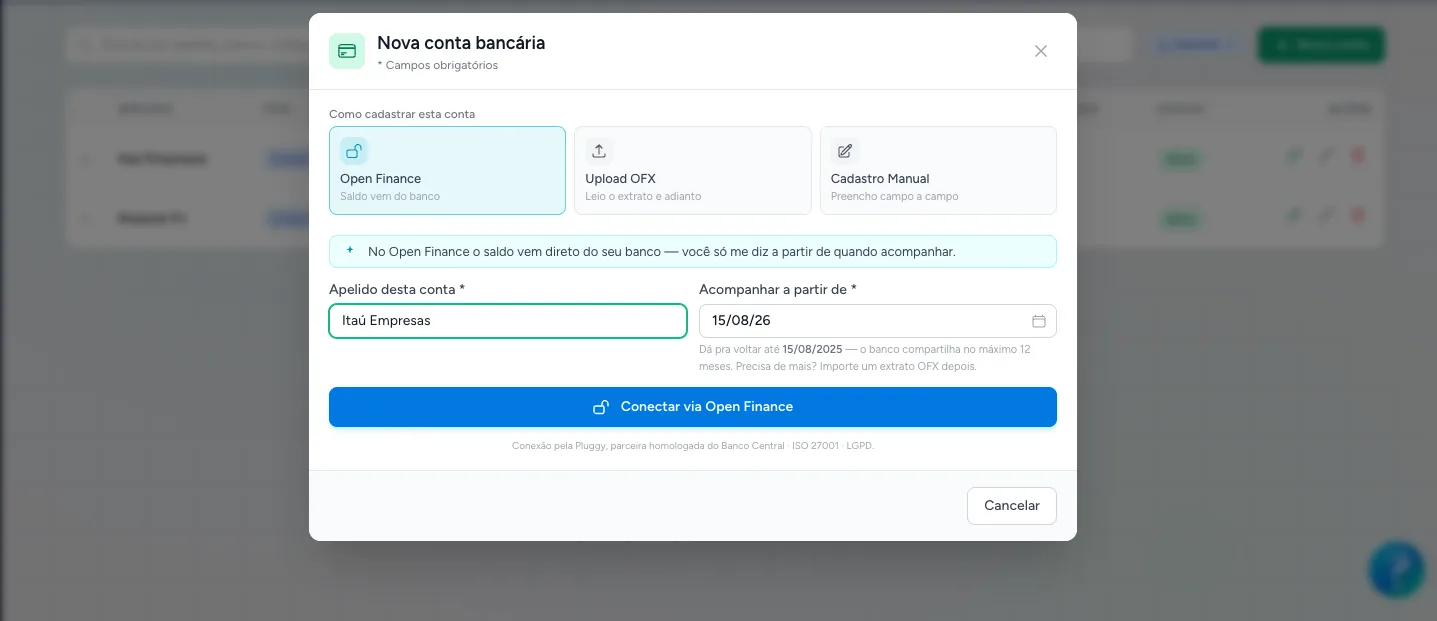 Importação de extrato bancário via Open Finance na Cashtrack